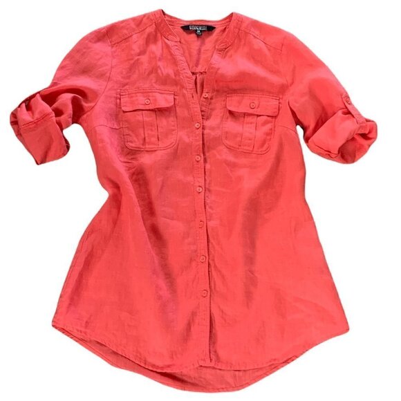Nicole Miller Original Sz M Linen Button Front Blouse Roll Tab Coral Pink 200C - Picture 1 of 8